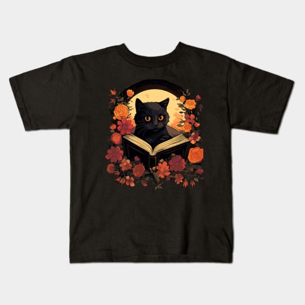 Floral Black Cat And Book Catshirt Kids T-Shirt by VisionDesigner